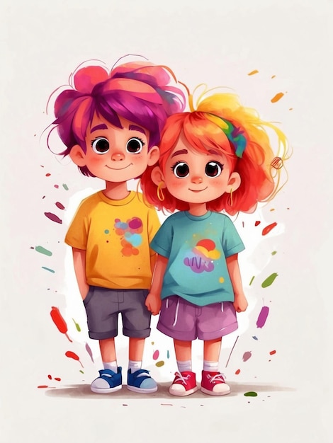 Bright cute boys and girls with rainbow colored hair in cartoon style on a white background