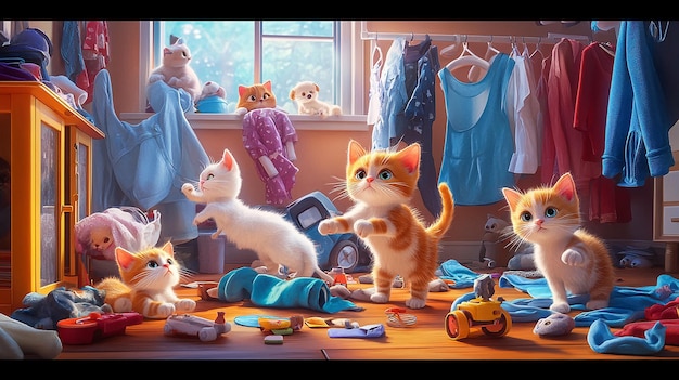 bright cute highly realistic illustration in Pixar style depicts funny kittens playing in a room w