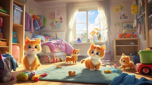 Photo bright cute highly realistic illustration in pixar style depicts funny kittens playing in a room w