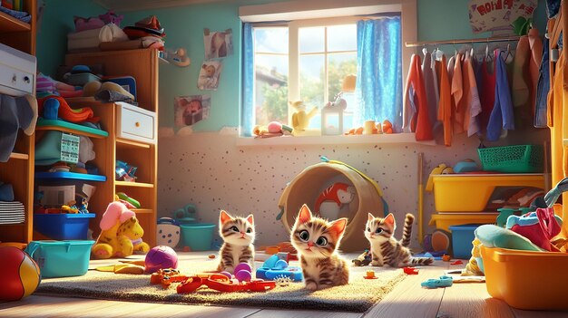 Photo bright cute highly realistic illustration in pixar style depicts funny kittens playing in a room w