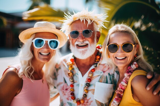 On a bright day a lively gathering of European pensioners adorned in summer clothes and sunglasses radiates contentment and vitality