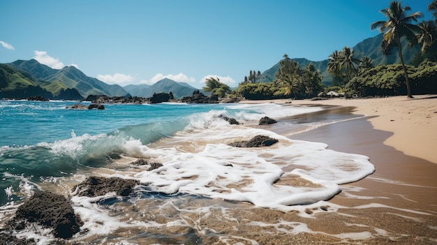 On a bright day the scene of waves crashing on the beach is stunning zooming in Crashing waves