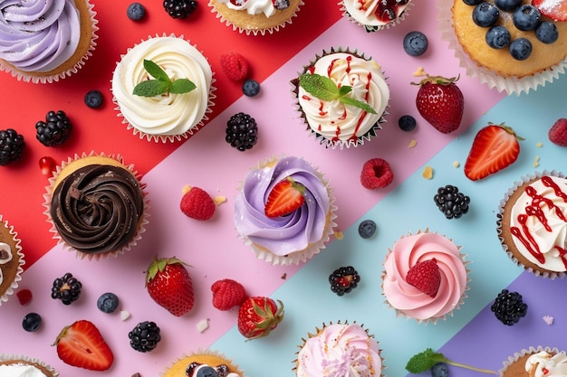 Photo bright dessert spread cupcakes tarts and sweet delights on colorful surface