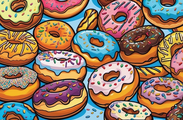 Bright digital cartoonstyle image of a multitude of colorful decorated donuts solid background