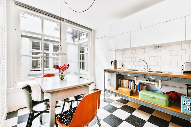 Bright dining room with decorative table and chairs