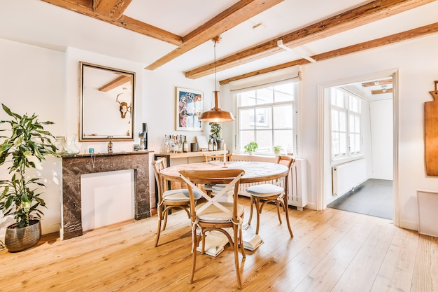 Bright dining room with decorative table and chairs