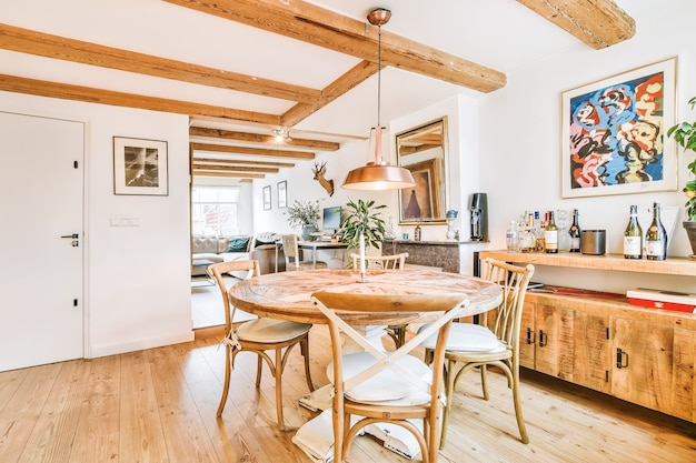 Bright dining room with decorative table and chairs