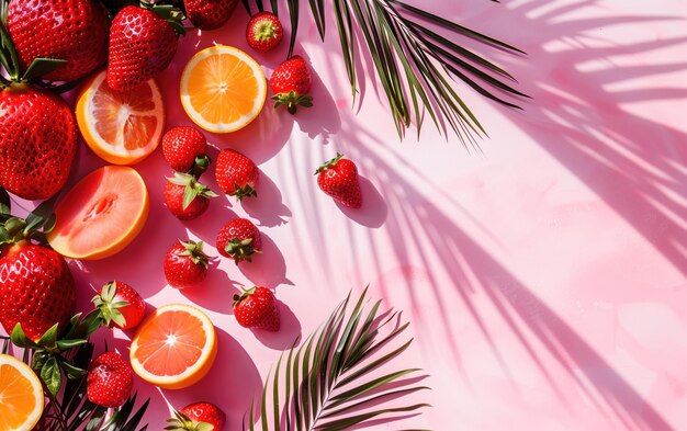 Photo bright display of fresh fruits and palm leaves with dramatic shadows on a pink background