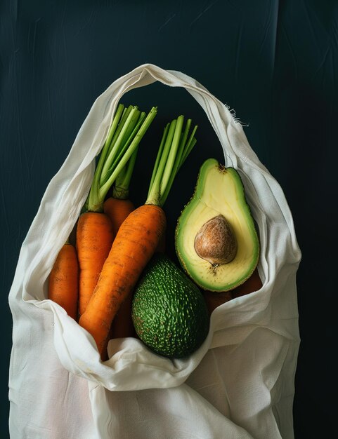 A bright display of fresh vegetables and fruits in ecofriendly bags