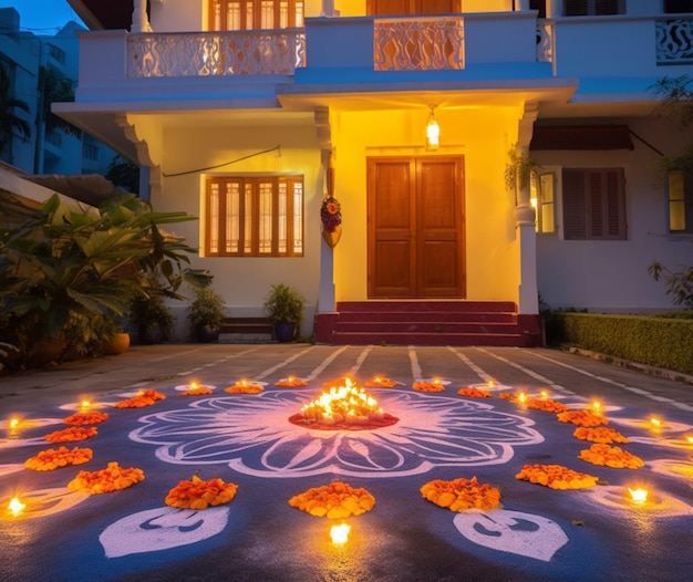 A bright diyas and rangoli display in front