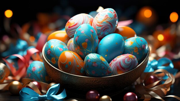 Bright Easter Eggs Bows Basket Isolated Background HD Illustrations