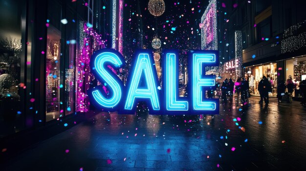 Photo bright electric blue sale letters in neon surrounded by confetti and lights against a dark city backdrop ideal for urgent black friday shopping promotions black friday