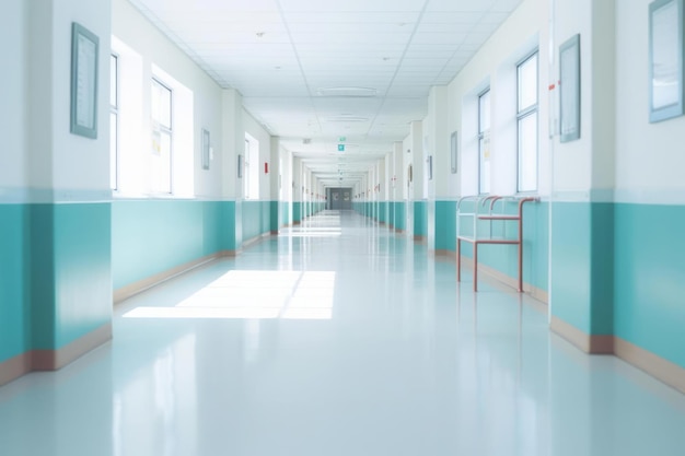 Bright empty defocused hospital corridor background