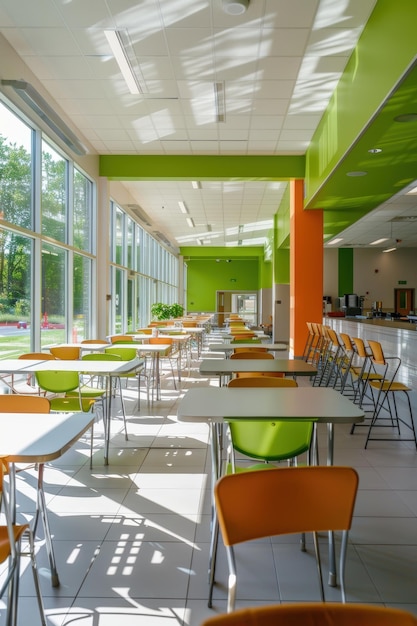 Photo bright energyefficient school cafeteria with ecofriendly design and energy saving appliances