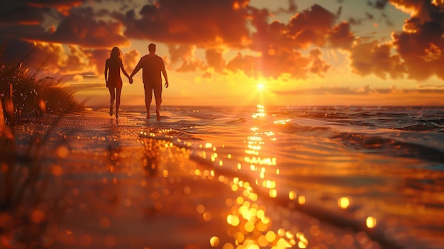 A bright and engaging photo of a couple enjoying a sunset walk on the beach with warm colors and a p