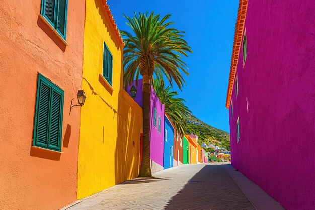 A bright European street lined with palm trees and vibrant colorful buildings