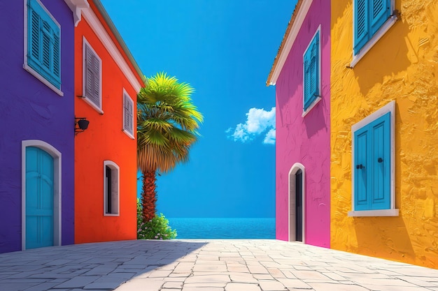 A bright European street lined with palm trees and vibrant colorful buildings