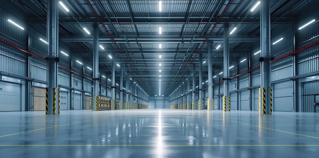 Bright and Expansive Modern Warehouse with Futuristic Lighting for Advanced Equipment