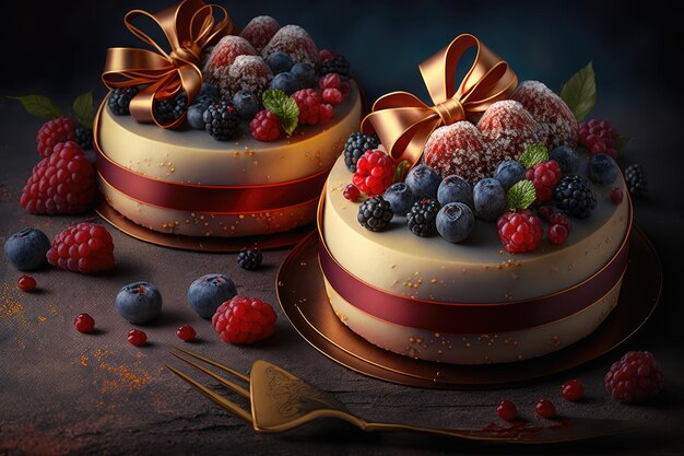 Bright festive mousse cakes with ribbon and berries on dark background created with generative ai