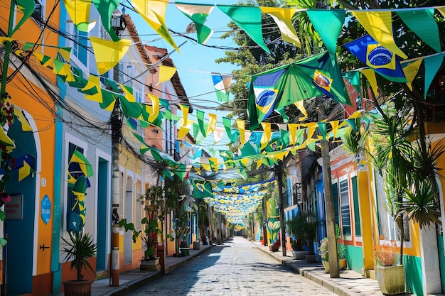 Bright and festive street decorations and flags celebrate Brazilian Independence Day