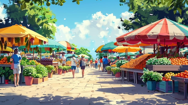 Bright and festive summer vector image with a bustling farmer39s market stalls filled with fresh produce and people shopping under colorful umbrellas Generative AI