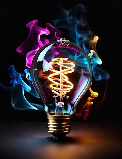 Photo a bright filament bulb light with swirl colorful smoke on dark at bottom ai generated