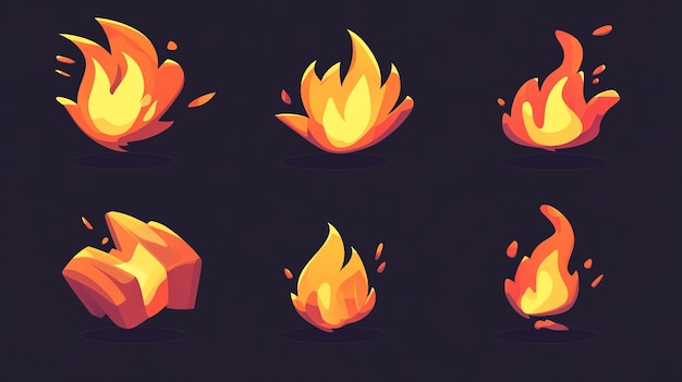 Photo bright flame symbols on dark background in this set of modern fire icons