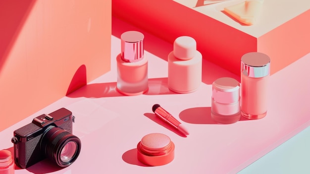 Bright flat lay showcasing beauty products balanced perfectly with a professional camera setup