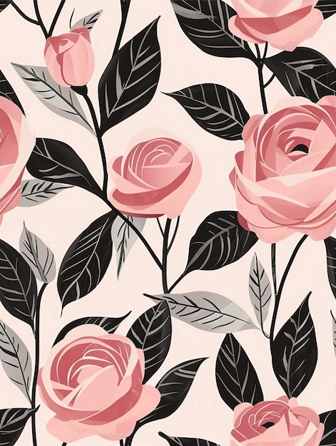 Photo bright floral pattern with abstract roses in shades of pink and red accompanied by black leaves on