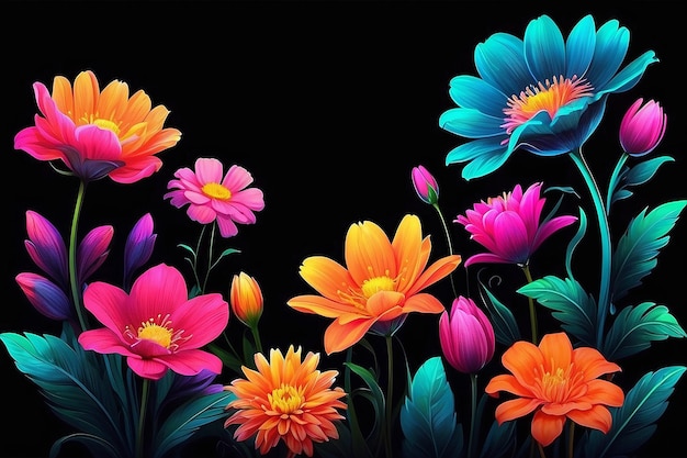 Bright flowers on black background in neon color spring concept