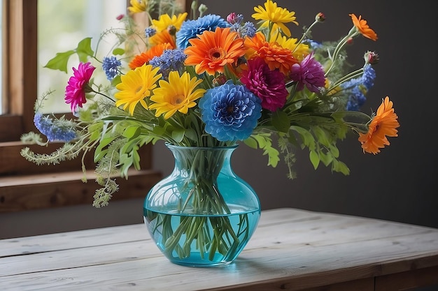 Bright flowers in vase on table