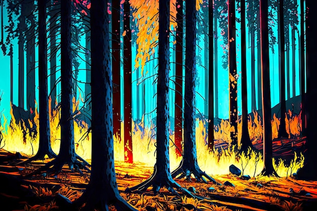 Bright forest wildfire in rainforest and charred tree trunks