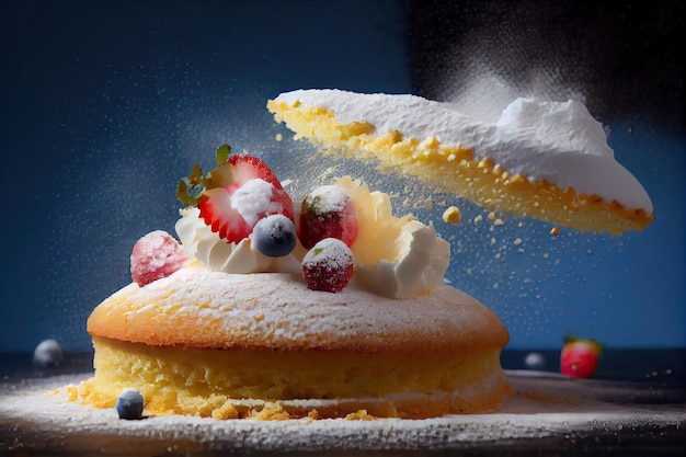 Bright fresh cream sponge cake crumbs with confectionery sugar