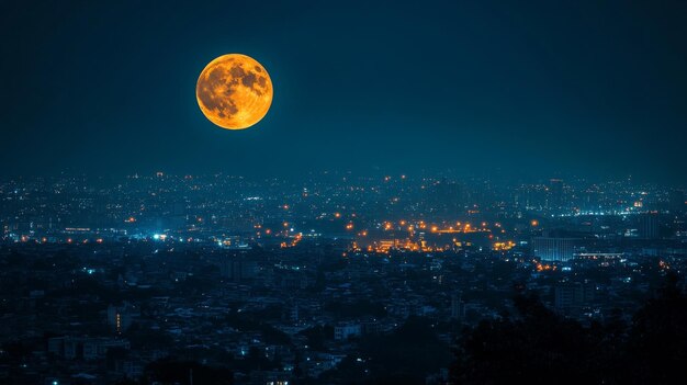 Photo bright full moon over city skyline at night