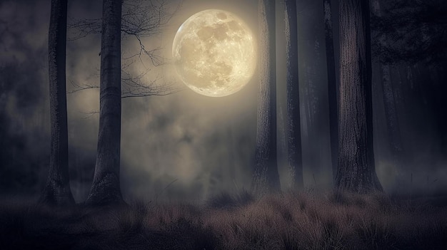 Bright full moon in dark fairy tale forest