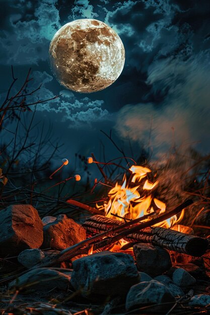 Photo a bright full moon shining down on a campfire