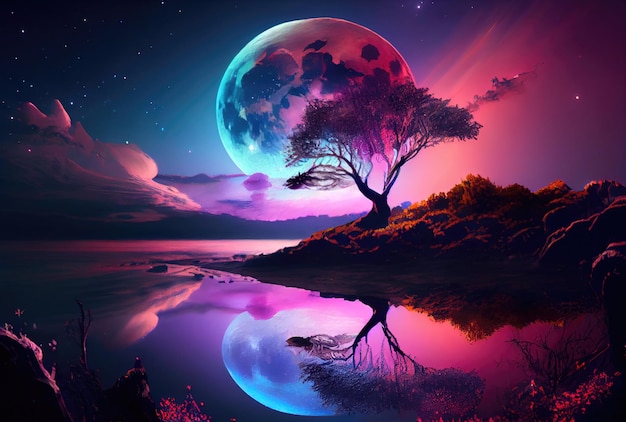 Bright full moon behind the silhouette tree on the fairyland background Fantasy and art concept Generative AI