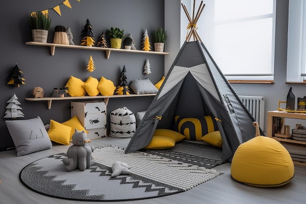 bright and functional kids room with lots of toys and modern furniture