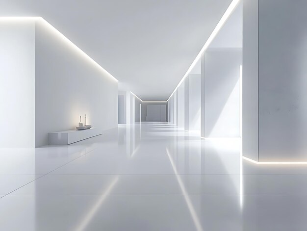 A bright futuristic corridor with smooth white walls and glowing arches reflecting light on the polished floor