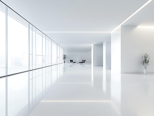 A bright futuristic corridor with smooth white walls and glowing arches reflecting light on the polished floor