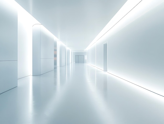 A bright futuristic corridor with smooth white walls and glowing arches reflecting light on the polished floor