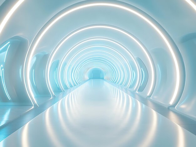 A bright futuristic corridor with smooth white walls and glowing arches reflecting light on the polished floor