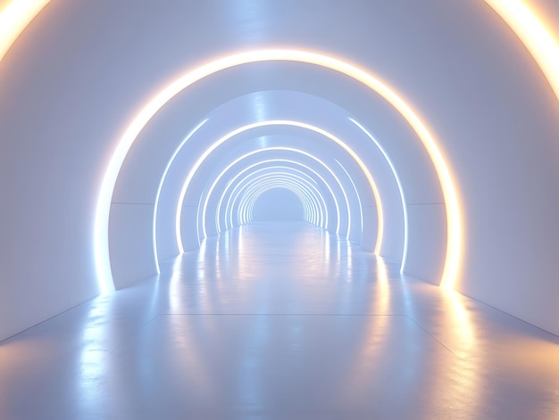 A bright futuristic corridor with smooth white walls and glowing arches reflecting light on the polished floor