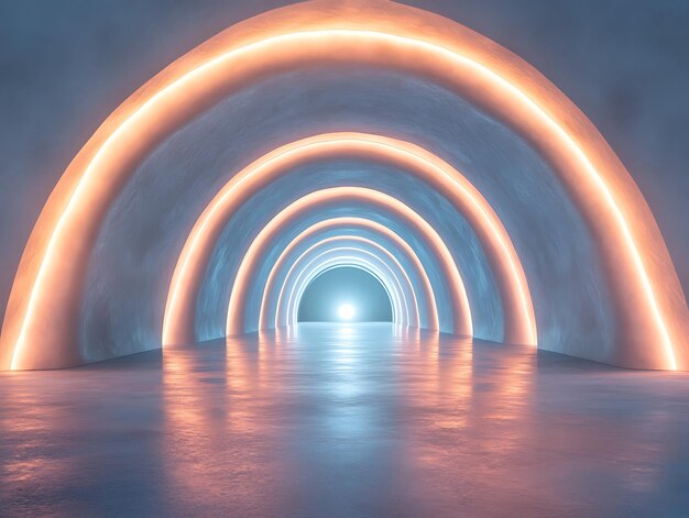 A bright futuristic corridor with smooth white walls glowing arches and reflective floors creating a sleek modern look