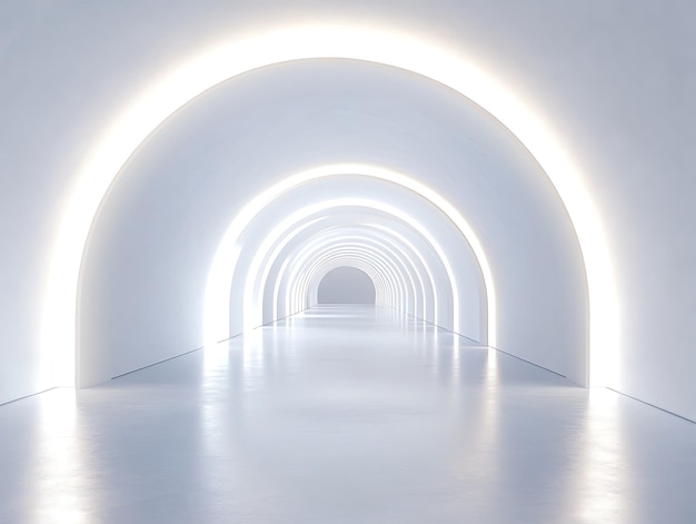 A bright futuristic corridor with smooth white walls glowing arches and reflective floors creating a sleek modern look