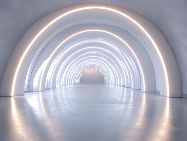 A bright futuristic corridor with smooth white walls glowing arches and reflective floors creating a sleek modern look