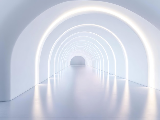 A bright futuristic corridor with smooth white walls glowing arches and reflective floors creating a sleek modern look