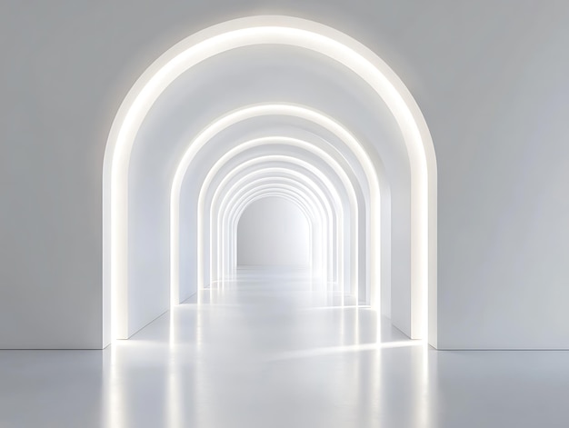 Photo a bright futuristic corridor with smooth white walls glowing arches and reflective floors creating a sleek modern look