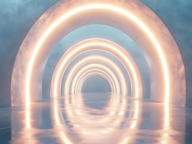 Photo a bright futuristic corridor with smooth white walls glowing arches and reflective floors creating a sleek modern look