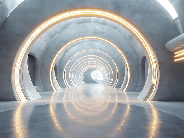 A bright futuristic corridor with smooth white walls glowing arches and reflective floors creating a sleek modern look